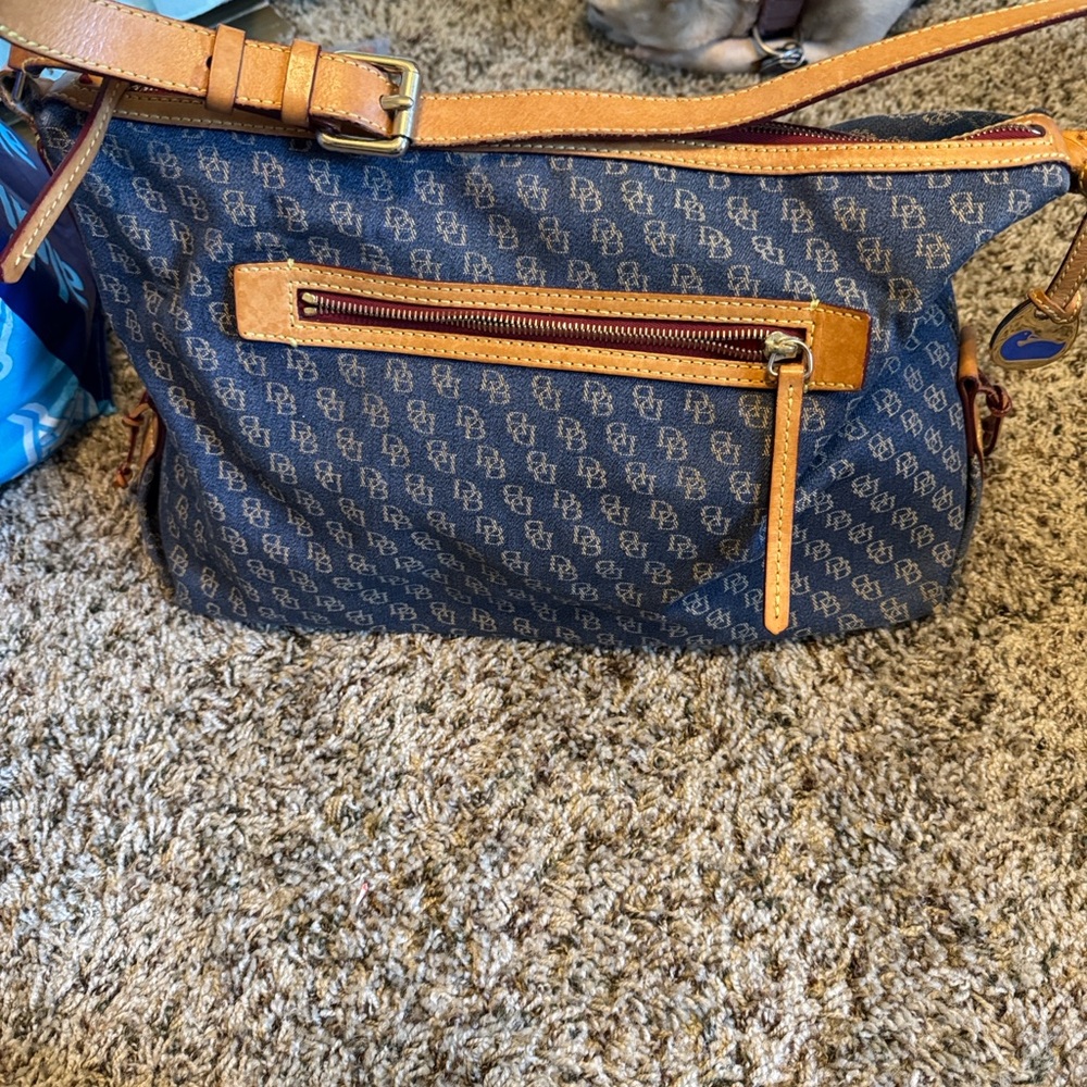 Dooney & Bourke Navy and Tan Monogram Shoulder Bag - Picture 2 of 16